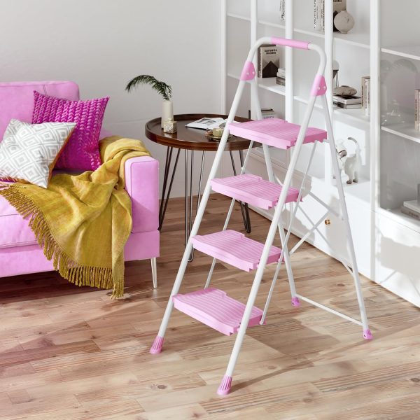 KINGRACK Pink Step Ladder Foldable Anti-Slip Home Tool-6