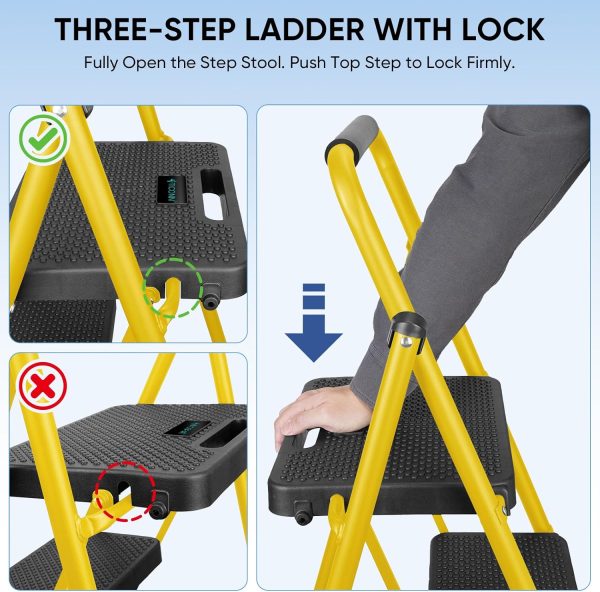 TICONN 3 Step Ladder Steel Anti Slip Foldable Yellow-2