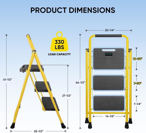 TICONN 3 Step Ladder Steel Anti Slip Foldable Yellow-3