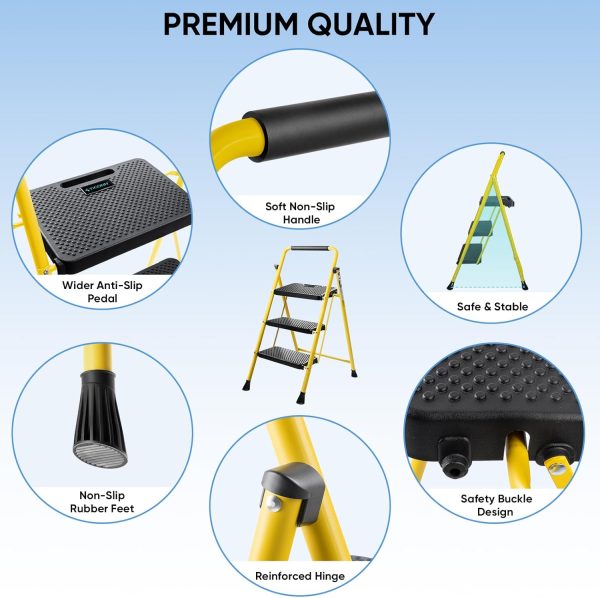TICONN 3 Step Ladder Steel Anti Slip Foldable Yellow-1