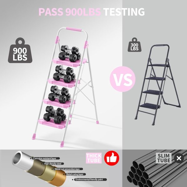 KINGRACK Pink Step Ladder Foldable Anti-Slip Home Tool-2