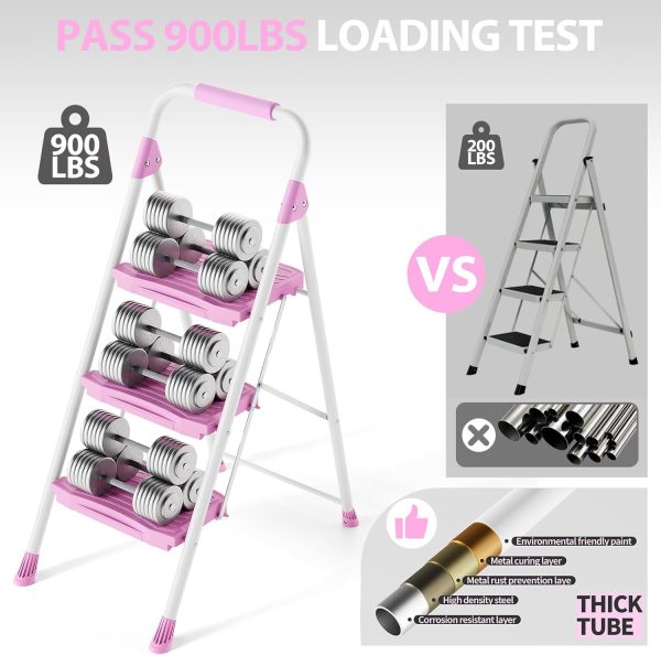KINGRACK Pink Step Ladder Foldable Metal Home Tool-3