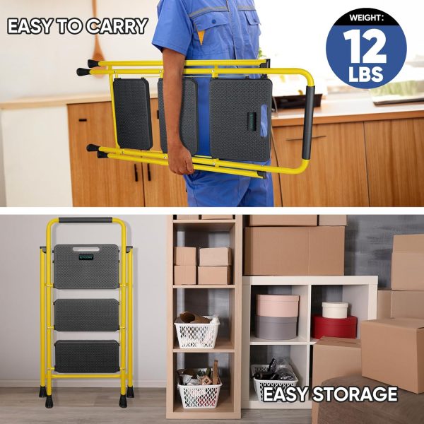 TICONN 3 Step Ladder Steel Anti Slip Foldable Yellow-5