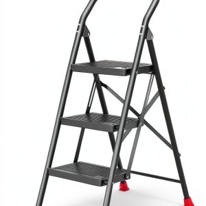 DIAMONDFORGE 3 Step Ladder Black and Red Iron Step Ladders-0