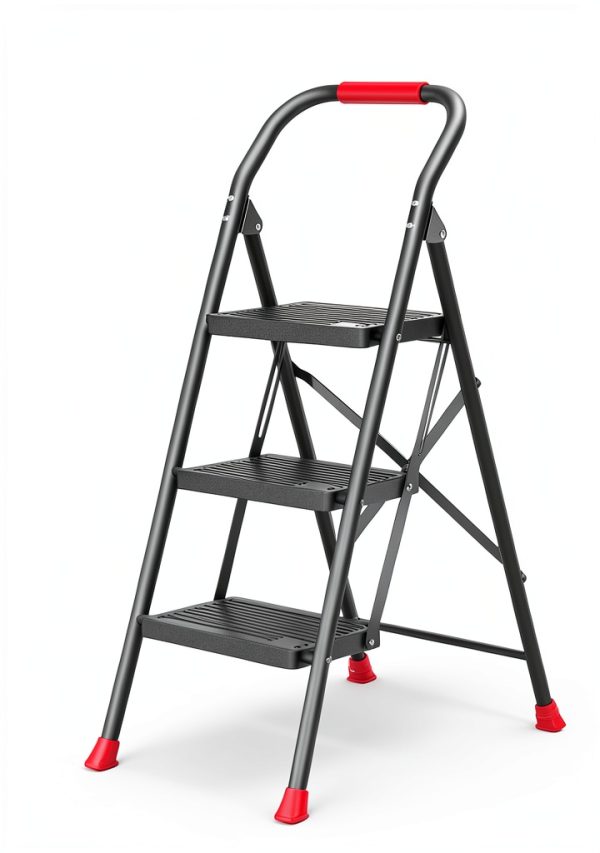 DIAMONDFORGE 3 Step Ladder Black and Red Iron Step Ladders-0