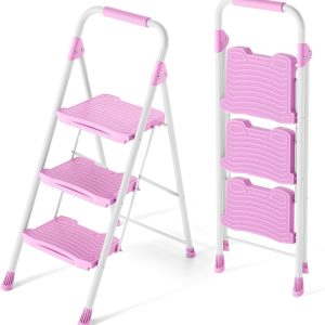KINGRACK Pink Step Ladder Foldable Metal Home Tool-0