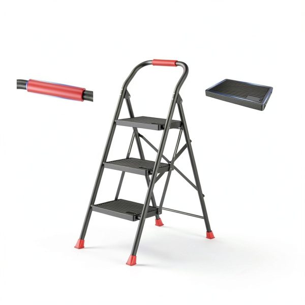 DIAMONDFORGE 3 Step Ladder Black and Red Iron Step Ladders-3