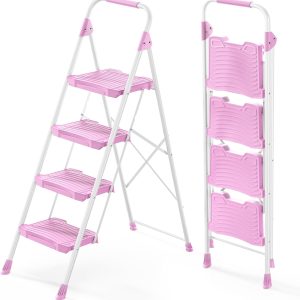 KINGRACK Pink Step Ladder Foldable Anti-Slip Home Tool-0