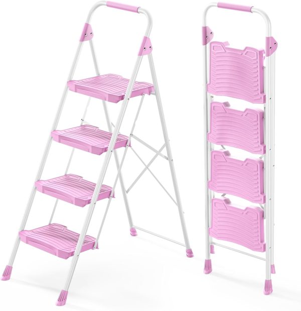 KINGRACK Pink Step Ladder Foldable Anti-Slip Home Tool-0