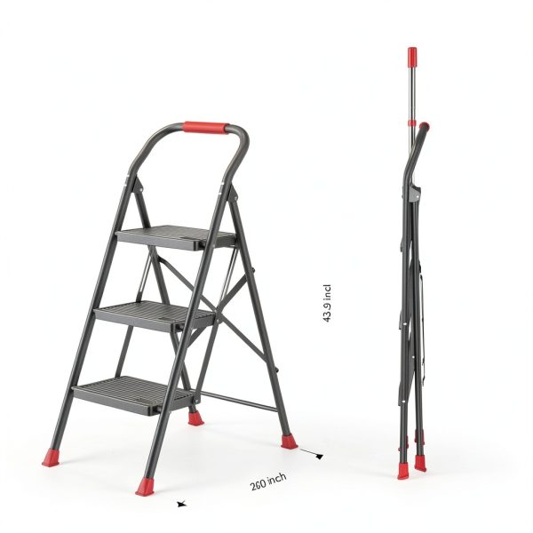 DIAMONDFORGE 3 Step Ladder Black and Red Iron Step Ladders-6