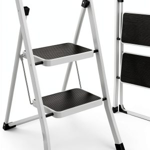 White HBTower 2 Step Ladder Alloy Steel Folding-0