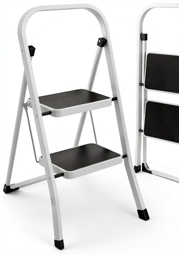 White HBTower 2 Step Ladder Alloy Steel Folding-0