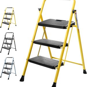 TICONN 3 Step Ladder Steel Anti Slip Foldable Yellow-0