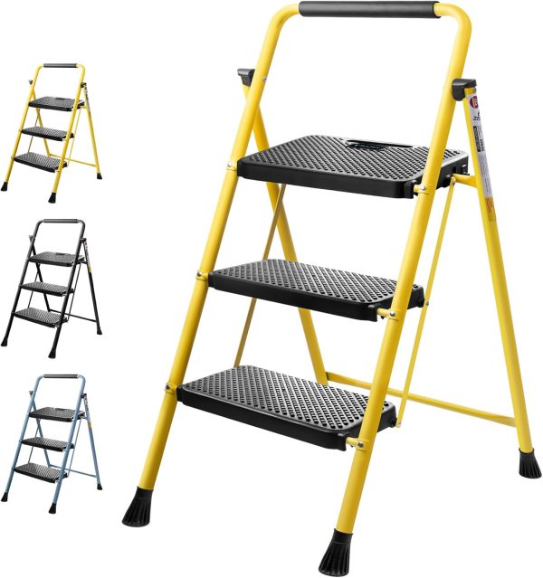 TICONN 3 Step Ladder Steel Anti Slip Foldable Yellow-0