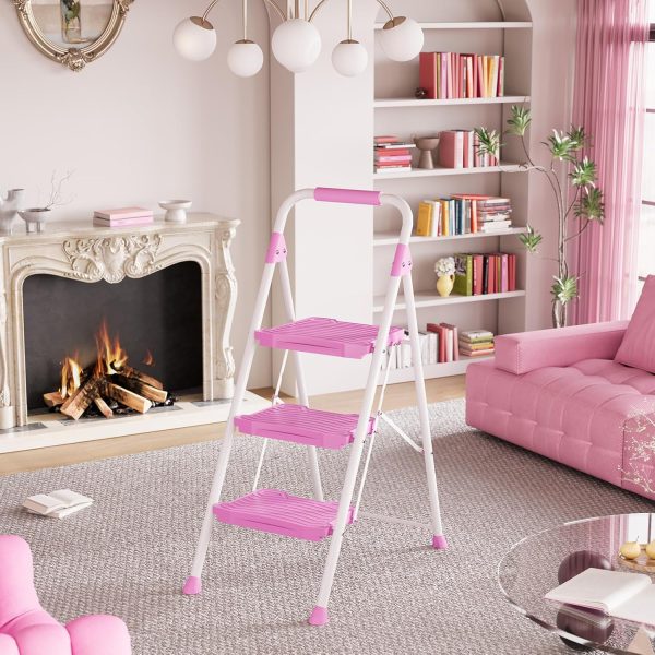 KINGRACK Pink Step Ladder Foldable Metal Home Tool-2