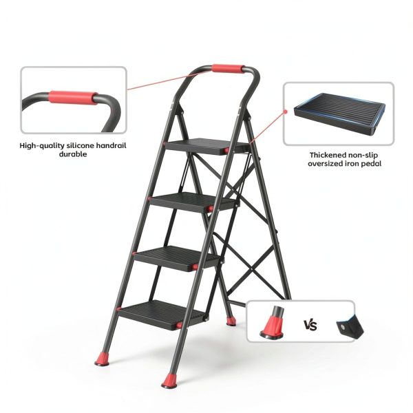 Step Ladder DIAMONDFORGE 4‑Step Black Red Foldable-2