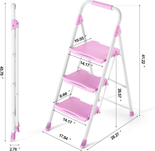 KINGRACK Pink Step Ladder Foldable Metal Home Tool-5