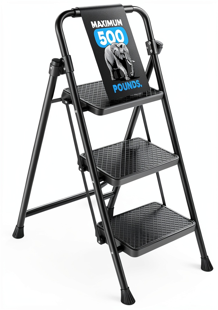 Medical King 3-step folding ladder unfolded in a kitchen setting