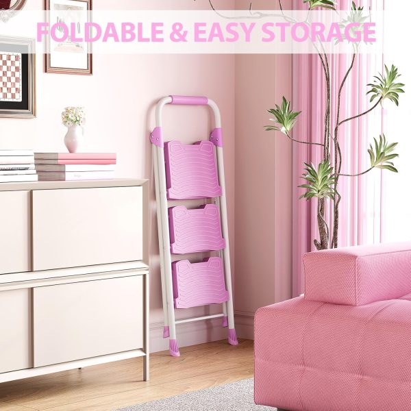 KINGRACK Pink Step Ladder Foldable Metal Home Tool-4