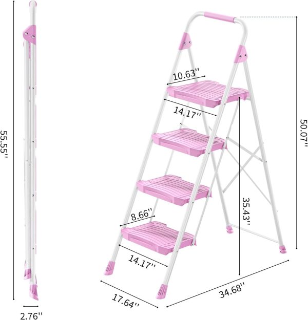 KINGRACK Pink Step Ladder Foldable Anti-Slip Home Tool-7