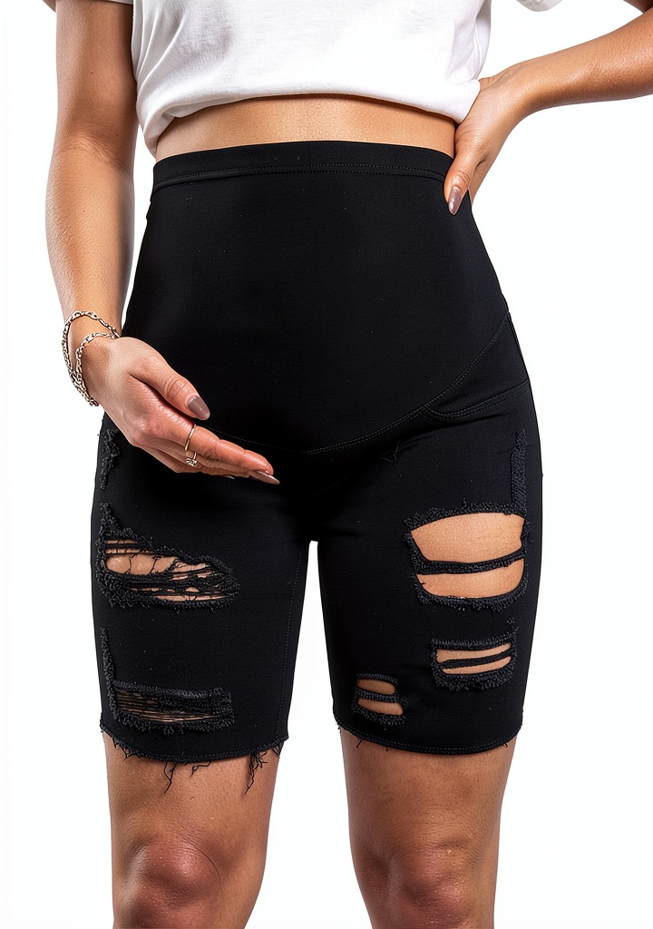 Model wearing BrandX maternity athletic shorts during a morning run