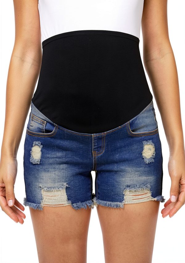 Foucome Maternity Denim Shorts with Stretch Belly Support Frayed Hem-1