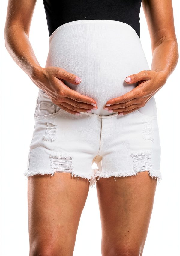 Foucome Maternity Denim Shorts with Belly Support, Ripped Design, Dark-0